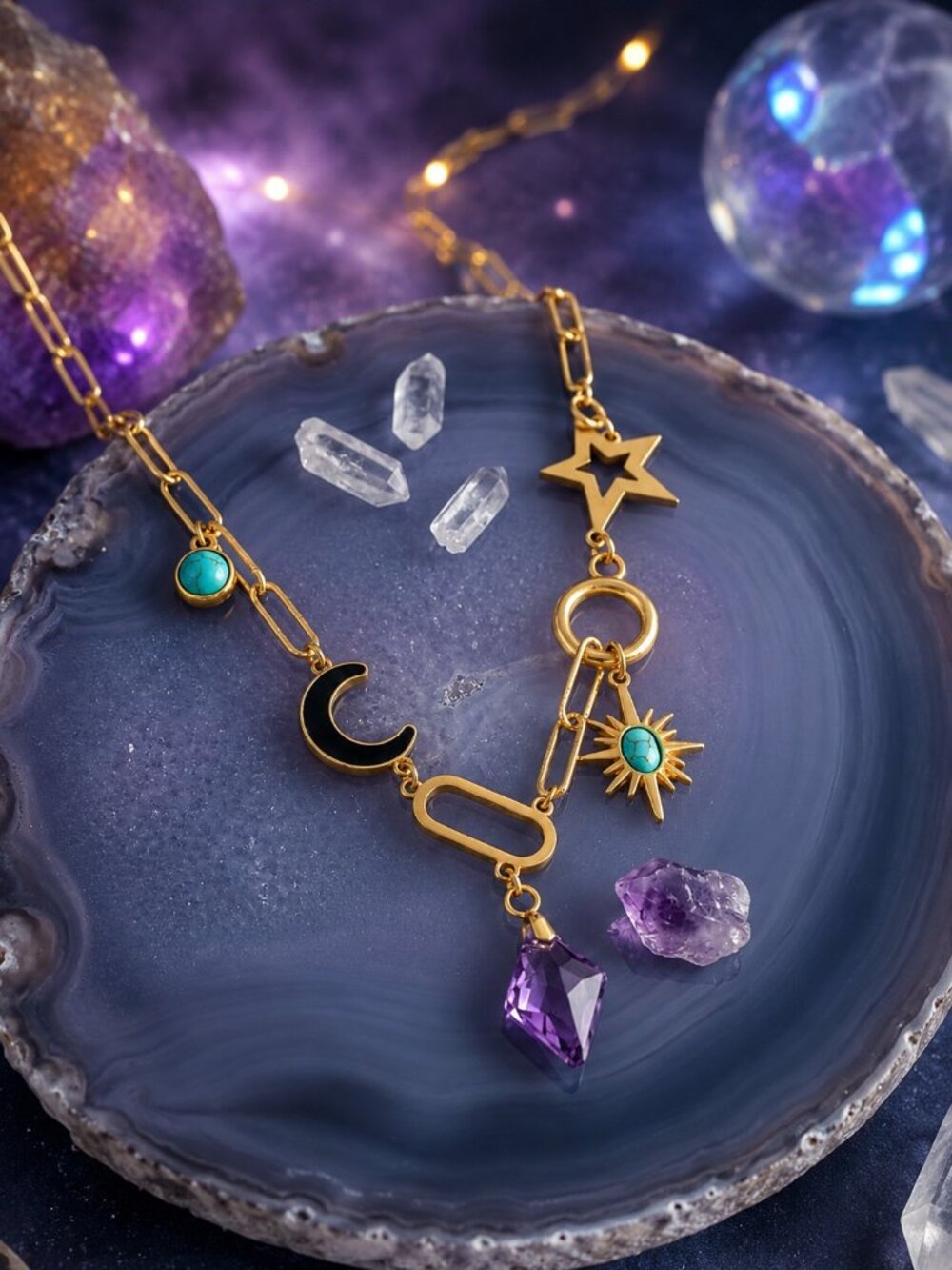 18K Gold Plated Sun Moon Star Charm Necklace Celestial Turquoise Boho Whimsigoth